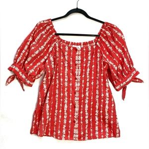 Lauren Conrad Red Floral Button-Up Short Sleeve Top/Blouse Tie Sleeve Size M